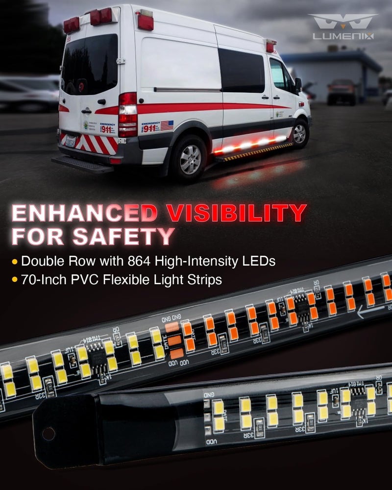 LUMENIX شريط أضواء الطوارئ LED 70 بوصة 2 قطعة مع أضواء جانبية مرنة تحذيرية - Image 2